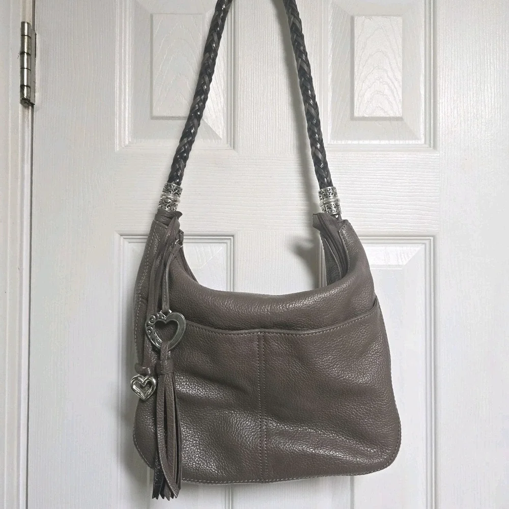 BRIGHTON Pewter Gray Pebbled Leather Hobo Bag Purse Braided Strap